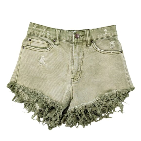 BDG High-Rise Cheeky Shorts 25 Green Frayed Hem - Picture 2 of 8